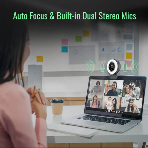 Flawless 1080p USB Webcam Featuring Built In Noise Reducing Mic And Tri Color Adjustable Ring Light on laptop during a video call.