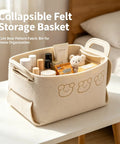 Hardcore Foldable Felt Storage Basket With Dual Handles Slick Collapsible Fabric Bin Organizer For Shelves Closet Laundry Keeps Your Crib Lookin Fresh Hassle Free Game Changer For Toys Nursery Bedroom Office In Brown filled with toiletries on a table.