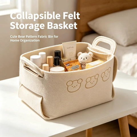Hardcore Foldable Felt Storage Basket With Dual Handles Slick Collapsible Fabric Bin Organizer For Shelves Closet Laundry Keeps Your Crib Lookin Fresh Hassle Free Game Changer For Toys Nursery Bedroom Office In Brown filled with toiletries on a table.