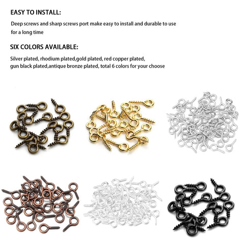 Heavy Duty Red Copper Plated Screw Eye Pin Hooks in various colors, 200 piece bulk pack for DIY jewelry making and craft projects.