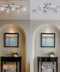 Modern Elegant Glass Crystal Ceiling Chandelier Six Light Chrome Flush Mount Lighting Fixture For Living Room And Hallway shown on and off