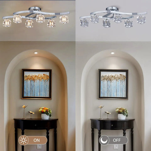 Modern Elegant Glass Crystal Ceiling Chandelier Six Light Chrome Flush Mount Lighting Fixture For Living Room And Hallway shown on and off