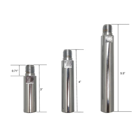 Pro Grade Angle Grinder Extension Shaft Kit With 3 Inch, 4 Inch, And 5.5 Inch Rods, Nickel Plated, Shown with Dimensions