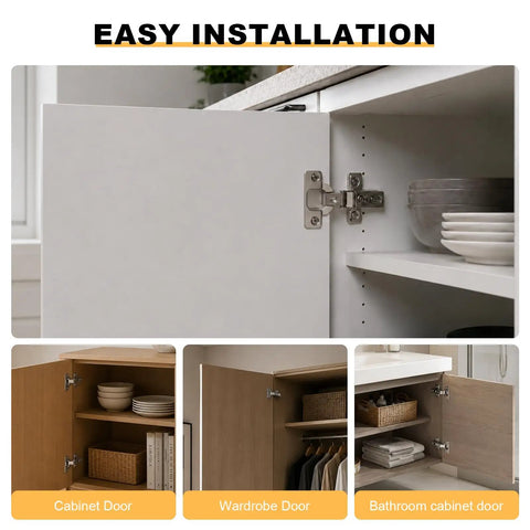 Four Pack Soft Close Cabinet Hinges, No Squeak, 1/2 Inch Overlay shown installed on various cabinet doors