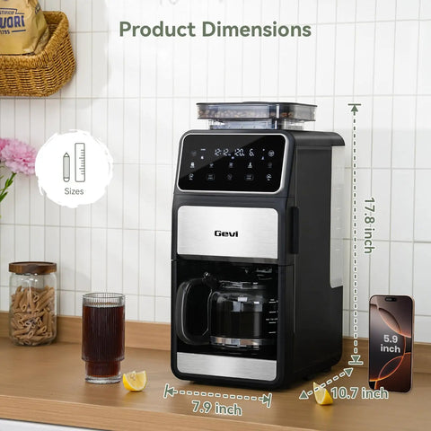 Grind And Brew 10-Cup Coffee Maker With Built-In Burr Grinder, Programmable Touch Screen, 4-Hour Keep Warm, Permanent Filter And Glass Carafe displayed on a kitchen counter.