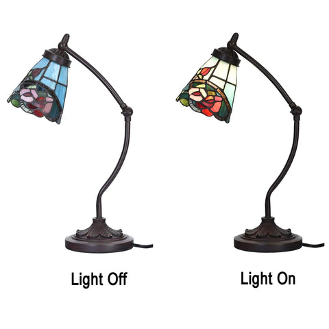 Tiffany Style Stained Glass Table Lamp With Swing Arm Base For Reading And Home Decor Rose Flower Design 5 Inch Lampshade Off-On