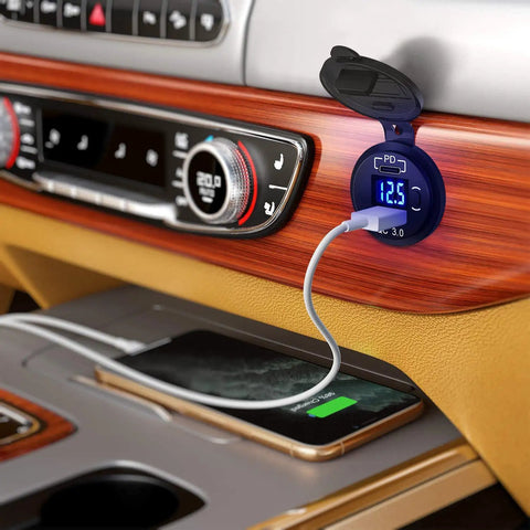 Ride Ready USB PD Type C Car Charger Socket With Digital Voltmeter And Rocker Switch Straight Shooter in vehicle console.