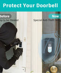 Anti-Theft Doorbell Mount For Blink And Other Security Cameras No Drill Easy Install Keeps Sensor Clear And Doorbell Safe displays a hooded figure trying to steal a doorbell, with secure mount depicted beside it.