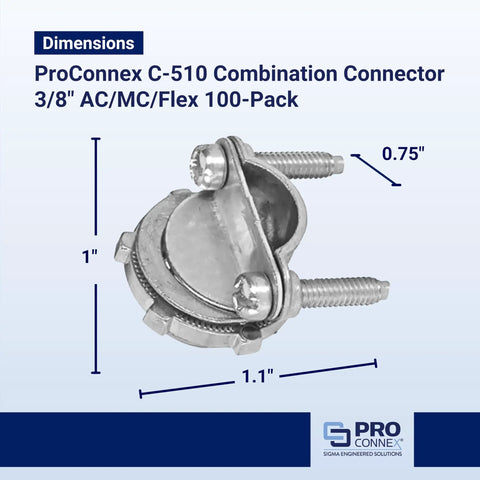 ProConnex C510 Combination Connector 3/8 AC MC Flex 100 Pack Die Cast Zinc Alloy with Tri Combo Screws for Wiring