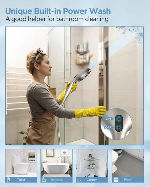 Person cleaning a shower door with Filtered Shower Head With Handheld Combo, Dual 2-In-1 Spa System With Massage.