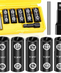 2-In-1 Lug Nut Extractor And Socket Kit For Wheel Locks, 7-Piece Flip Socket Set With Half Inch Drive displayed in yellow case