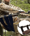 Adjustable Tree Stand Seat Replacement 16 By 12 Inches in use on ladder stand, hunter in camouflage, detail of self-locking buckles