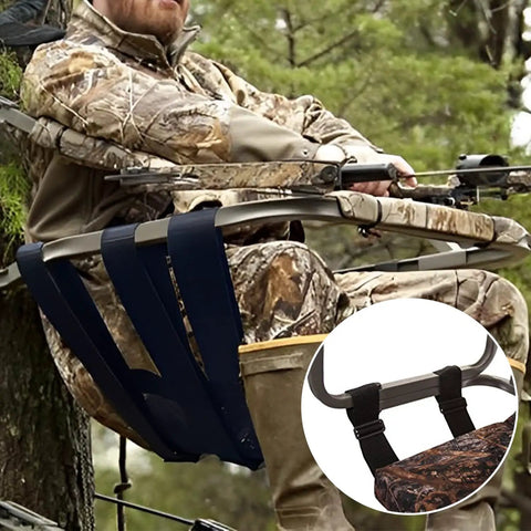 Adjustable Tree Stand Seat Replacement 16 By 12 Inches in use on ladder stand, hunter in camouflage, detail of self-locking buckles