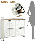 Sleek Barn Door Shoe Cabinet With Four Flip Drawers And Three Adjustable Shelves Ultra Slim Freestanding Modern Rustic White Finish with dimensions.