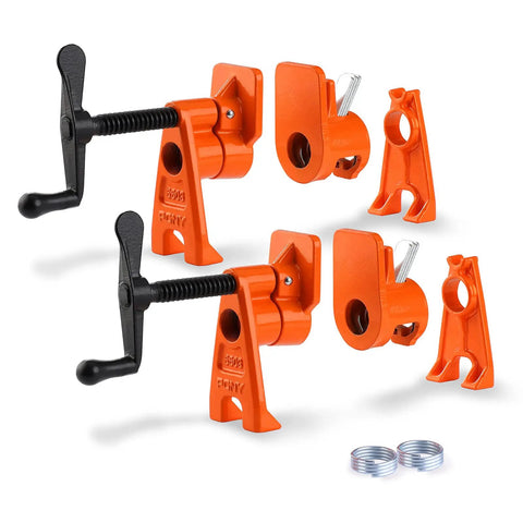 Two Pack Heavy Duty Wood Gluing Pipe Clamp Fixtures For Three Quarter Inch Black Pipe Quick Adjust Pipe Clamps That Free Your Hands Great For Glue Ups Joints Repairs And Woodworking Projects, showing two orange clamps with handles, clamp faces, and springs.
