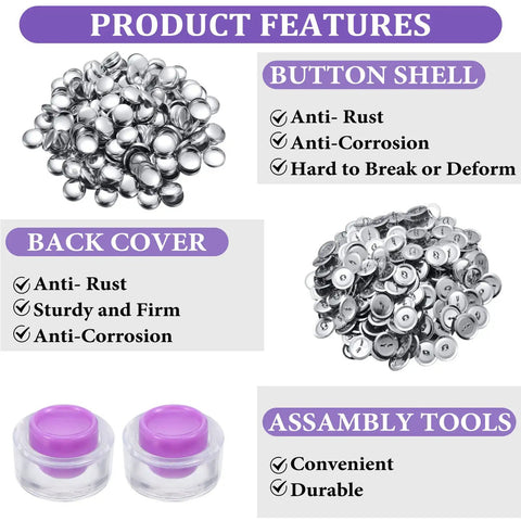100 Pack DIY Button Kit With Wire Backs And Tools, Self Cover Fabric Buttons Size 24, 0.59 Inch product features and tools