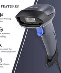 2D Barcode Scanner With Stand USB 2.0 Wired QR Code Imager Handheld Reader For Laptops Desktops And POS Cashier Systems Plug And Play Easy Setup Compatible With Windows Mac OS, showcasing features.