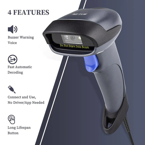 2D Barcode Scanner With Stand USB 2.0 Wired QR Code Imager Handheld Reader For Laptops Desktops And POS Cashier Systems Plug And Play Easy Setup Compatible With Windows Mac OS, showcasing features.