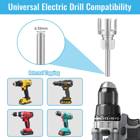 3 Piece PVC Pipe Threader Set For Water Lines - 1/2 Inch, 3/4 Inch, And 1 Inch Dual Function Internal External Threading Tool shown with drills