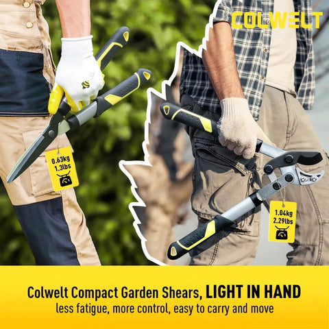 Colwelt compact 17 inch anvil loppers and hedge shears 3 piece garden pruning set in use, showing lightweight design for easy yard work.