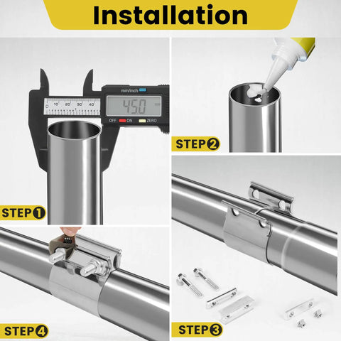 Installation steps of 1.75 Inch Stainless Steel Exhaust Band Clamp For Butt Joint Piping No Weld Easy DIY Install on exhaust pipe.