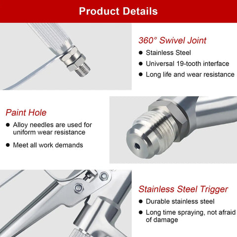 Heavy Duty Airless Paint Spray Gun With Reversible 517 Tip And 3600 PSI Max Pressure showing stainless steel swivel joint and paint hole.