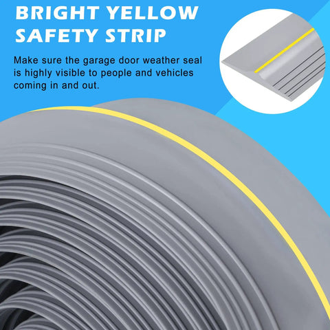 Close-up of durable 20 Ft universal garage door bottom threshold seal with 20 oz glue gel weatherproof rubber DIY weather stripping replacement grey for cold weather draft protection, highlighting bright yellow safety strip.