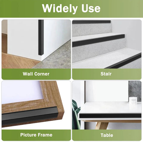 Premium Aluminum L Molding Corner Guards With Right Angle Three Piece Set on wall corner, stairs, picture frame, and table.