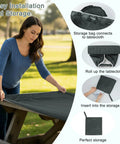 Woman setting up Fitted Picnic Tablecloth 3 Piece Set With Bench Covers And Built In Storage Pouch For Easy One Person Setup