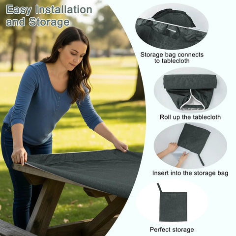 Woman setting up Fitted Picnic Tablecloth 3 Piece Set With Bench Covers And Built In Storage Pouch For Easy One Person Setup