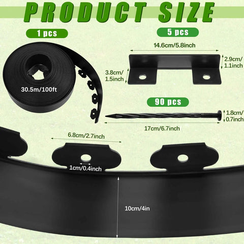 Components of 4 Inch By 100 Foot Landscape Edging Kit Plastic Garden Border Coil With 90 Anchoring Spikes for lawn garden yard.