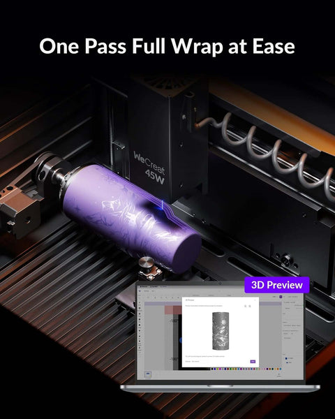 WECREAT Vision Pro 45W laser engraver and cutter with rotary; purple cylinder being engraved in full enclosure
