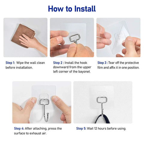 Installation steps for Heavy Duty Adhesive Hooks 22 Lb Max Waterproof Rustproof Stainless Steel Wall Hangers 8 Pack for kitchen bathroom use.