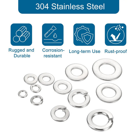 304 Stainless Steel Split Lock Washer And Flat Washer Kit 370 Pieces Assorted Sizes 6 8 10 One Quarter Inch Five Sixteenths Inch Three Eighths Inch Built Tough For DIYers And Pros Home Repair And Projects, assorted washers