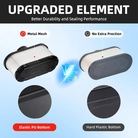Comparison of air filters with metal mesh and elastic PU vs hard plastic bottoms for increased durability and performance.
