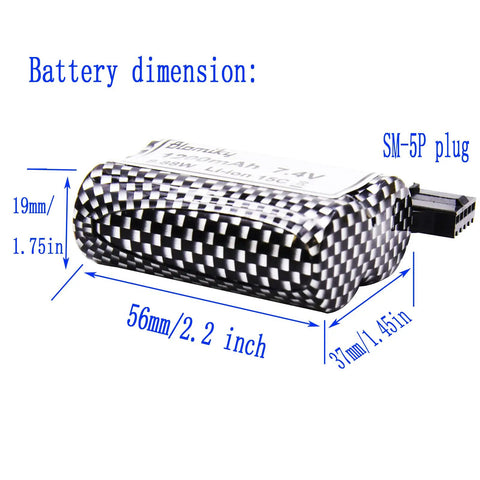 2 Pack 7.4V 1200mAh LiIon Rechargeable Battery With SM5P Plug And USB Cable For TX123 RC Boat R208 Replacement BeefedUp Power Pack With High Capacity For Long Life And All Day Run Time dimensions shown.