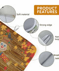 Fall Thanksgiving Dish Drying Mat for Kitchen Counter 16 by 18 inches with orange pumpkin maple leaves wood grain design and features labeled.