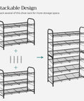 Stackable design of sturdy 3 tier shoe organizer rack for closet and entryway, holds up to 12 pairs, metal shoe shelf, black