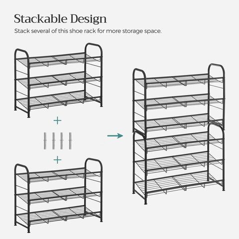Stackable design of sturdy 3 tier shoe organizer rack for closet and entryway, holds up to 12 pairs, metal shoe shelf, black