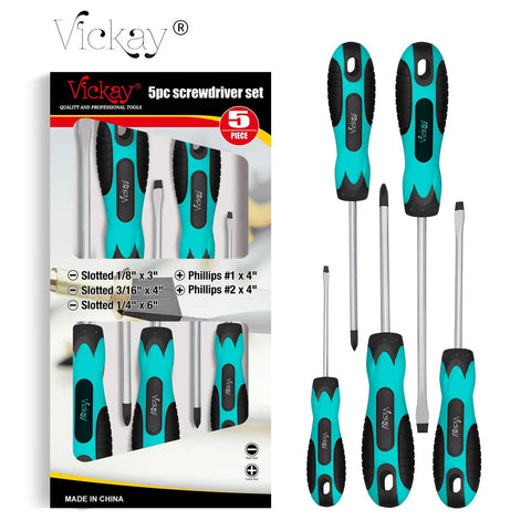 Magnetic Screwdriver Set 5 Piece Slotted And Phillips With Ergonomic Non Slip Handles Permanent Magnetic Tips in Green