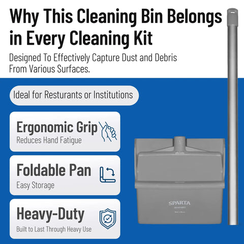 Workhorse Upright Dustpan With 30 Inch Aluminum Handle And Serrated Combing Lip For Straight Up Commercial Cleaning Zero Kneeling Required Locking Yoke Mechanism In Matte Gray displayed with ergonomic grip features.