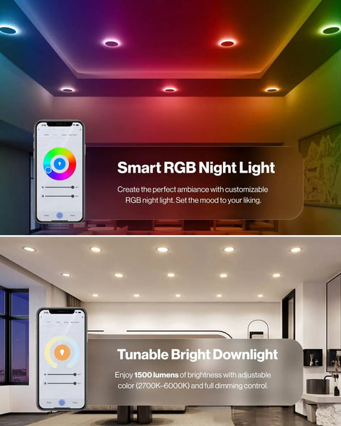 Smart RGB Night Light and Tunable Bright Downlight with adjustable color for versatile home ambiance.