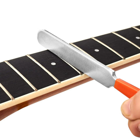 Using fret crowning file on guitar neck in Guitar Luthier Tool Kit With 16 Inch Fret Leveling Beam, Fret Leveler, Pro Grade Neck Straight Edge.