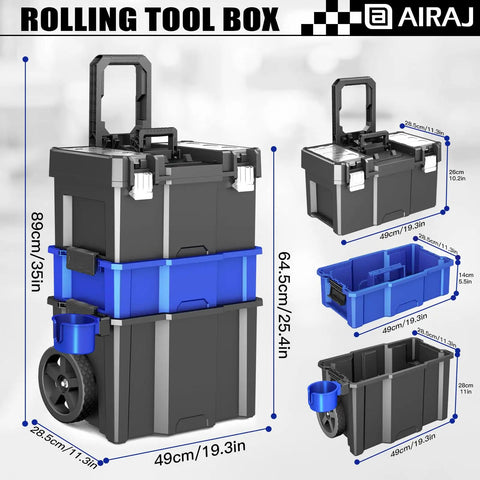 3 Tier Rolling Tool Box With Wheels Portable Stackable Garage Organizer Set Tray Toolbox With Removable Cup Holder Locking Middle Tray Heavy Duty Rollable Tool Storage 20 W X 12 D X 35 H displayed with measurements and sections shown