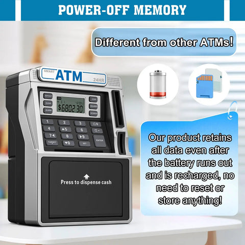 Rechargeable Kids ATM Bank With Real Money Safe Debit Card Access Coin Recognition Bill Feeder Balance Calculator