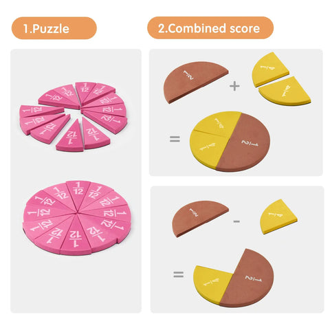Magnetic Fraction Tiles Circle Set For Kids, 51 Pieces Rainbow Math Manipulatives showing fractions and combined scores puzzle.