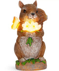 Charmed Solar Powered Led Outdoor Decor Porcelain Squirrel Figurine Light Up Garden Statue with glowing flowers.