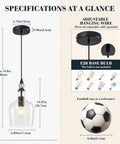 Image of BNHHLZ Seeded Glass Pendant Light for Kitchen Island showing specifications, dimensions, and adjustable features.