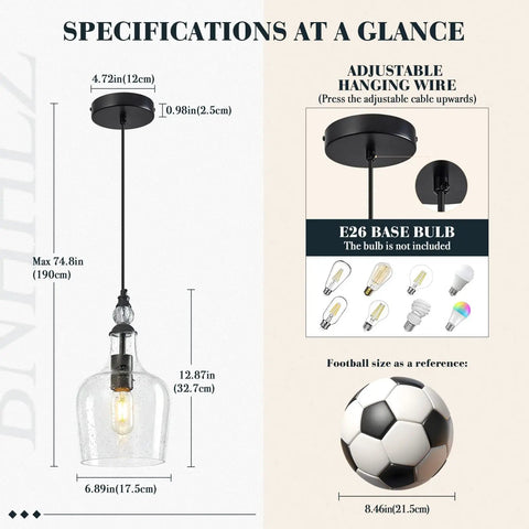 Image of BNHHLZ Seeded Glass Pendant Light for Kitchen Island showing specifications, dimensions, and adjustable features.