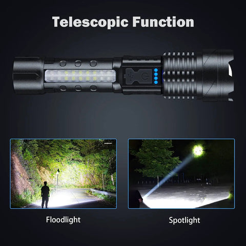 90000 Lumen Rechargeable LED Flashlight 2 Pack with telescopic function, floodlight and spotlight modes, IPX6 waterproof